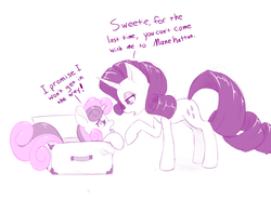 Size: 1220x900 | Tagged: safe, artist:dstears, rarity, sweetie belle, pony, unicorn, g4, box, cute, dialogue, diasweetes, duo, lidded eyes, looking at each other, monochrome, open mouth, pony in a box, raised hoof, simple background, white background
