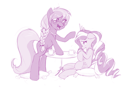 Size: 1280x931 | Tagged: safe, artist:dstears, diamond tiara, silver spoon, g4, cute, embarrassed, monochrome, older, older diamond tiara, older silver spoon, table, tea, teacup