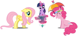 Size: 1920x900 | Tagged: safe, artist:fluttershy_z, fluttershy, pinkie pie, twilight sparkle, alicorn, parasprite, pony, g4, anvil, female, folded wings, hat, magic, mare, simple background, transparent background, trio, twilight sparkle (alicorn), umbrella hat, vector, wings