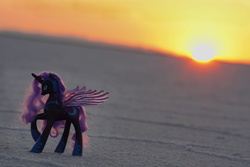 Size: 4272x2848 | Tagged: safe, nightmare moon, ask bikemare moon, g4, bonneville salt flats, brushable, irl, photo, ponies around the world, salt flats, solo, sun, sunrise, toy, tumblr