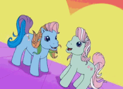 Size: 498x360 | Tagged: safe, screencap, minty, rainbow dash (g3), a charming birthday, g3, animated, dancing, female, heart, party