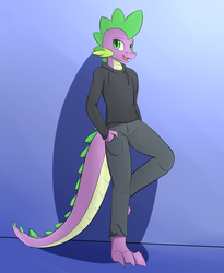 Size: 2274x2778 | Tagged: safe, artist:iados, spike, dragon, anthro, g4, clothes, high res, hoodie, male, older, older spike, pants, solo, stupid sexy spike, teenage spike, teenaged dragon, teenager