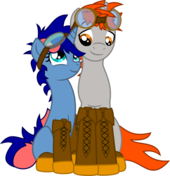 Size: 1454x1500 | Tagged: safe, artist:forgotten-remnant, oc, oc only, oc:ironfire, oc:ryo, pony, unicorn, apprentice, blacksmith, boots, clothes, goggles, iryo, simple background, transparent background, vector