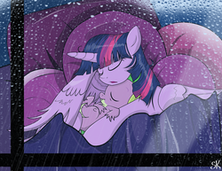 Size: 1403x1084 | Tagged: safe, artist:dsana, spike, twilight sparkle, alicorn, pony, g4, bed, cuddling, female, hug, mama twilight, mare, rain, sleeping, snuggling, spikelove, twilight sparkle (alicorn), winghug