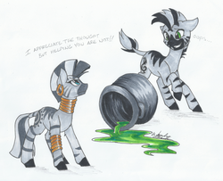 Size: 1280x1037 | Tagged: safe, artist:fuyusfox, zecora, oc, oc:muziki, zebra, g4, accident, cauldron, rhyme, spill, traditional art