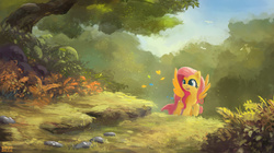 Size: 2678x1500 | Tagged: safe, artist:ajvl, fluttershy, butterfly, pegasus, pony, g4, cute, female, forest, grass, high res, mare, nature, open mouth, raised hoof, scenery, signature, smiling, solo, spread wings, tree