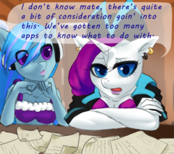 Size: 500x444 | Tagged: safe, artist:piraterarity, rarity, oc, oc:roaring rhythm, anthro, g4, anthro oc, dialogue, fashion, ocean, pirate, scallywag, ship