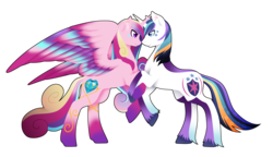 Size: 3300x1903 | Tagged: safe, artist:fuyusfox, princess cadance, shining armor, pony, g4, bedroom eyes, bipedal, bipedal leaning, cute, eye contact, female, holding hooves, horn, horns are touching, male, rainbow power, rainbow power-ified, rearing, ship:shiningcadance, shipping, simple background, smiling, spread wings, straight, transparent background, unshorn fetlocks, vector