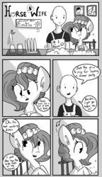 Size: 891x1551 | Tagged: safe, artist:tjpones, oc, oc only, oc:brownie bun, oc:richard, bird, earth pony, pony, horse wife, apron, bubble, clothes, comic, cute, dishes, glass, kitchen, monochrome, music notes, picture frame, tumblr