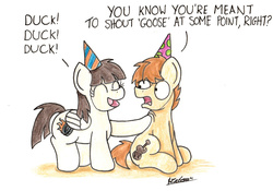 Size: 1991x1394 | Tagged: safe, artist:bobthedalek, mandopony, wild fire, pegasus, pony, g4, duck duck goose, female, hat, male, party hat, ship:mandofire, shipping, straight, that pony sure does love ducks, traditional art