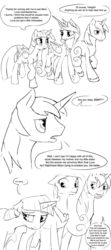 Size: 1280x2884 | Tagged: safe, artist:silfoe, princess cadance, shining armor, twilight sparkle, alicorn, pony, royal sketchbook, g4, comic, dialogue, female, grayscale, mare, monochrome, speech bubble, twilight sparkle (alicorn)