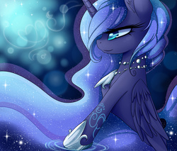 Size: 4000x3400 | Tagged: safe, artist:magnaluna, princess luna, alicorn, pony, abstract background, ear fluff, ethereal mane, female, hair over one eye, hoof on chest, mare, necklace, smiling, solo, starry mane, stars