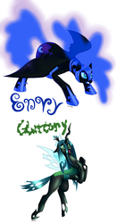 Size: 750x1431 | Tagged: safe, artist:twitchygears, nightmare moon, queen chrysalis, alicorn, changeling, changeling queen, pony, g4, duo, duo female, female, mare, missing horn, sin of envy, sin of gluttony