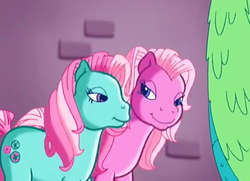 Size: 996x720 | Tagged: safe, screencap, minty, pinkie pie (g3), earth pony, pony, g3, the princess promenade, lidded eyes, out of context