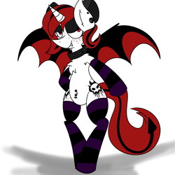 Size: 4000x4000 | Tagged: safe, artist:php10, oc, oc only, oc:lilith, bat pony, pony, bedroom eyes, belly button, belly piercing, bellyring, bipedal, bow, chest fluff, clothes, collar, earring, fangs, freckles, gloves, grin, hair bow, piercing, socks, solo, striped socks