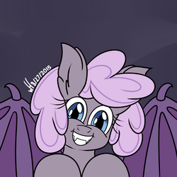 Size: 1132x1132 | Tagged: safe, artist:xwoofyhoundx, oc, oc only, oc:sirocca, bat pony, pony, cute, female, filly, grin, looking at you, ocbetes, smiling, solo, spread wings, squee