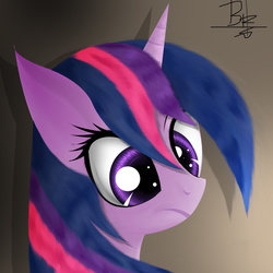 Size: 2000x2000 | Tagged: safe, artist:mrbrunoh1, twilight sparkle, alicorn, pony, g4, bust, female, frown, gradient background, high res, looking down, mare, portrait, shadow, signature, solo, twilight sparkle (alicorn)