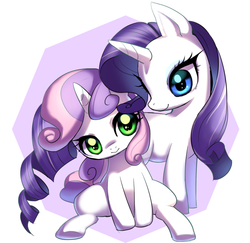 Size: 800x776 | Tagged: safe, artist:きゃらられな, rarity, sweetie belle, pony, unicorn, g4, abstract background, cute, diasweetes, duo, female, filly, looking at each other, mare, raribetes, sisters, sitting, smiling
