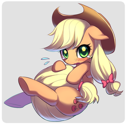 Size: 800x790 | Tagged: safe, artist:きゃらられな, applejack, earth pony, pony, g4, blushing, bow, colored pupils, covering, crying, cute, diabetes, embarrassed, female, gray background, hair bow, hat, hug, jackabetes, looking at you, mare, open mouth, simple background, solo, sweatdrop, tail, tail covering, tail hug, teary eyes, wavy mouth, weapons-grade cute