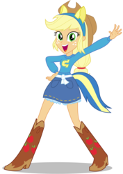 Size: 8500x12000 | Tagged: safe, artist:caliazian, applejack, equestria girls, g4, my little pony equestria girls, .ai available, absurd resolution, applejack waves pose, applejack's hat, boots, canterlot high, clothes, cowboy boots, cowboy hat, denim skirt, fake tail, female, freckles, hand on hip, hat, helping twilight win the crown, high heel boots, looking at you, open mouth, pony ears, pose, school spirit, shoes, simple background, skirt, solo, stetson, transparent background, vector, wondercolts