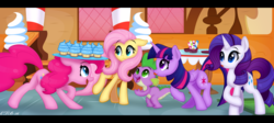 Size: 1883x845 | Tagged: safe, artist:ctb-36, fluttershy, pinkie pie, rarity, spike, twilight sparkle, alicorn, pony, g4, balancing, cupcake, female, letterboxing, licking lips, mare, sugarcube corner, tongue out, twilight sparkle (alicorn), varying degrees of want
