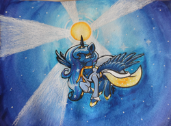 Size: 1024x755 | Tagged: safe, artist:amous-anona, princess luna, g4, female, flying, moon, solo, traditional art, watercolor painting