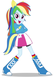 Size: 8500x12000 | Tagged: safe, artist:caliazian, rainbow dash, equestria girls, equestria girls (movie), .ai available, absurd resolution, boots, canterlot high, clothes, crossed arms, fake tail, female, helping twilight win the crown, high heel boots, long hair, looking at you, open mouth, pony ears, pose, rainbow dash cool pose, rainbow socks, school spirit, shoes, simple background, skirt, socks, solo, striped socks, transparent background, vector, wondercolts