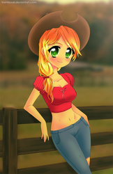 Size: 563x870 | Tagged: safe, artist:framboosi, applejack, human, g4, belly button, cleavage, female, humanized, midriff, solo