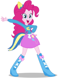 Size: 9000x12000 | Tagged: safe, artist:caliazian, pinkie pie, equestria girls, equestria girls (movie), g4, .ai available, absurd resolution, balloon, boots, canterlot high, clothes, fake tail, female, helping twilight win the crown, high heel boots, long hair, looking at you, open mouth, pinkie pie hello pose, pony ears, pose, school spirit, simple background, skirt, smiling, solo, transparent background, vector, wondercolts