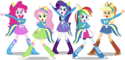 Size: 16000x7750 | Tagged: safe, artist:caliazian, applejack, fluttershy, pinkie pie, rainbow dash, rarity, equestria girls, g4, my little pony equestria girls, .ai available, absurd resolution, boots, canterlot high, clothes, crossed arms, denim skirt, fake tail, group shot, helping twilight win the crown, high heel boots, humane five, long hair, looking at you, open mouth, pony ears, pose, rainbow socks, school spirit, shoes, simple background, skirt, socks, striped socks, transparent background, vector, wondercolts