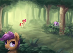 Size: 2500x1796 | Tagged: safe, artist:php177, apple bloom, scootaloo, sweetie belle, earth pony, pegasus, pony, unicorn, g4, apple bloom's bow, bow, bush, bushicorn, cutie mark crusaders, female, filly, forest, grass, hair bow, hide and seek, hiding, newbie artist training grounds, signature, tree