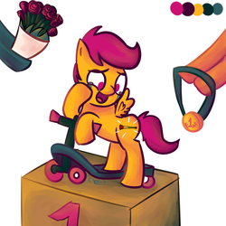 Size: 1000x1000 | Tagged: safe, artist:chrisrainicorn, edit, scootaloo, pony, g4, bipedal, bouquet, crying, flower, gold medal, happy, hoof hold, medal, musical instrument, open mouth, pure unfiltered evil, rose, scooter, smiling, tears of joy, vuvuzaloo, vuvuzela