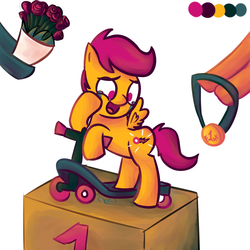 Size: 1000x1000 | Tagged: safe, artist:chrisrainicorn, scootaloo, pony, g4, alternate cutie mark, bouquet, crying, cute, cutealoo, cutie mark, cutiespark, female, filly, foal, good end, heartwarming, medal, offscreen character, plausible, podium, scootalove, scooter, signature, simple background, spread wings, tears of joy, teary eyes, white background, wings, winner