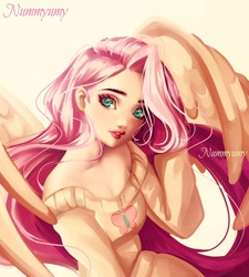Size: 800x889 | Tagged: safe, artist:nummyumy, fluttershy, human, g4, clothes, cute, cutie mark on clothes, digital art, female, human female, humanized, light skin, looking at you, off shoulder, off shoulder sweater, shyabetes, solo, spread wings, sweater, sweatershy, winged humanization, yellow sweater
