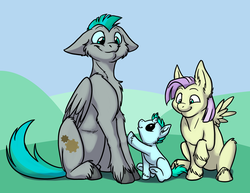 Size: 1000x773 | Tagged: safe, artist:foxenawolf, oc, oc only, oc:dandelion dreams, oc:sky fern, oc:whirring cogs, pegasus, pony, unicorn, fanfic:change of life, disguise, disguised changeling, fanfic art, female, filly, floppy ears, foal, outdoors, smiling, unshorn fetlocks