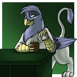 Size: 800x800 | Tagged: safe, artist:foxenawolf, oc, oc only, oc:arlin steelfeather, griffon, fanfic:conversations in a canterlot café, blue eyes, fanfic art, flask, solo