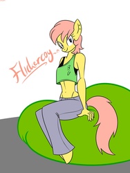 Size: 960x1280 | Tagged: safe, artist:mofetafrombrooklyn, oc, oc only, oc:flickercoy, anthro, unguligrade anthro, ear piercing, femboy, helix piercing, looking at you, male, midriff, piercing, sitting, smiling, solo