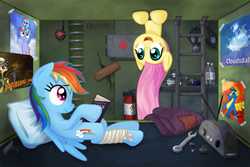 Size: 1200x800 | Tagged: safe, artist:obcor, daring do, fluttershy, rainbow blaze, rainbow dash, spitfire, pegasus, pony, g4, bandage, bunk bed, bunker, gas mask, injured, looking at each other, photo, poster, radio, reading rainboom, wrench