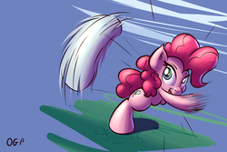 Size: 1000x667 | Tagged: safe, artist:tadashi--kun, pinkie pie, g4, bipedal, blurry, female, solo, speed lines, throwing, volleyball