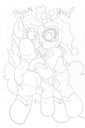 Size: 1642x2477 | Tagged: safe, artist:blackbewhite2k7, applejack, pinkie pie, earth pony, pony, g4, app-el, commission, cosplay, costume, dc comics, female, floating, harley quinn, kiss on the lips, kissing, lesbian, lipstick, monochrome, pinkie quinn, ship:applepie, shipping, superman, supermare, thanks, wip