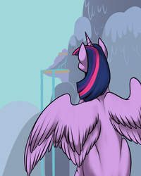 Size: 800x1000 | Tagged: safe, artist:foxenawolf, twilight sparkle, alicorn, pony, g4, canterlot, fanfic art, fanfic cover, female, flying, mare, mountain, ruins, solo, twilight sparkle (alicorn)