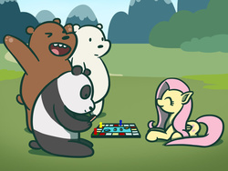Size: 800x600 | Tagged: safe, artist:flutterluv, fluttershy, bear, grizzly bear, panda, pegasus, polar bear, pony, g4, board game, crossover, grizz, ice bear, newbie artist training grounds, panda (we bare bears), we bare bears