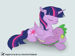 Size: 4500x3375 | Tagged: safe, artist:bri-sta, artist:wodahseht, color edit, spike, twilight sparkle, alicorn, dragon, pony, g4, baby, baby dragon, colored, cuddling, cute, cutie mark, eyes closed, female, folded wings, horn, male, mama twilight, mare, prone, signature, simple background, sleeping, smiling, spikabetes, spikelove, twilight sparkle (alicorn), weapons-grade cute, white background, wings