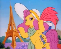 Size: 575x463 | Tagged: safe, screencap, bon bon (g1), earth pony, pony, g1, my little pony tales, the masquerade, bipedal, cute, eiffel tower, female, g1betes, hat, lipstick, outfit, solo