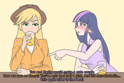 Size: 1280x853 | Tagged: safe, artist:jonfawkes, applejack, twilight sparkle, human, g4, apple cider, blushing, cider, clothes, cowboy hat, drunk, drunk twilight, elf ears, glass, hat, humanized, implied lesbian, implied rarijack, long hair, open mouth, pointing, quickdraw, shipper on deck, simple background, sipping, stetson, table
