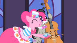 Size: 1280x720 | Tagged: safe, screencap, octavia melody, pinkie pie, earth pony, pony, g4, the best night ever, cello, musical instrument