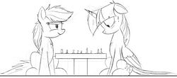 Size: 1700x749 | Tagged: safe, artist:ncmares, rainbow dash, twilight sparkle, alicorn, pony, g4, chess, female, mare, monochrome, newbie artist training grounds, sitting, sketch, smiling, sweat, sweatdrop, twilight sparkle (alicorn), wide eyes