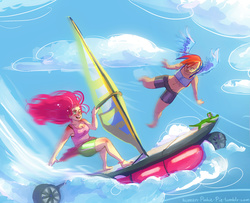 Size: 2108x1714 | Tagged: safe, artist:glasmond, gummy, pinkie pie, rainbow dash, human, ask human pinkie pie, g4, barefoot, beach, belly button, cleavage, clothes, compression shorts, feet, female, flying, humanized, midriff, nail polish, sports bra, tank top, water, windsurfing, winged humanization