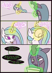 Size: 850x1200 | Tagged: safe, artist:kanashiipanda, princess celestia, queen chrysalis, comic:royal visitation 2 - tea time, g4, bedroom eyes, comic, drinking, explicit source, eyes closed, magic, open mouth, smiling, tea, teacup, telekinesis