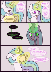 Size: 850x1200 | Tagged: safe, artist:kanashiipanda, princess celestia, queen chrysalis, comic:royal visitation 2 - tea time, g4, bedroom eyes, blushing, comic, dialogue, drinking, explicit source, eyes closed, female, floppy ears, frown, happy, lesbian, magic, open mouth, telekinesis